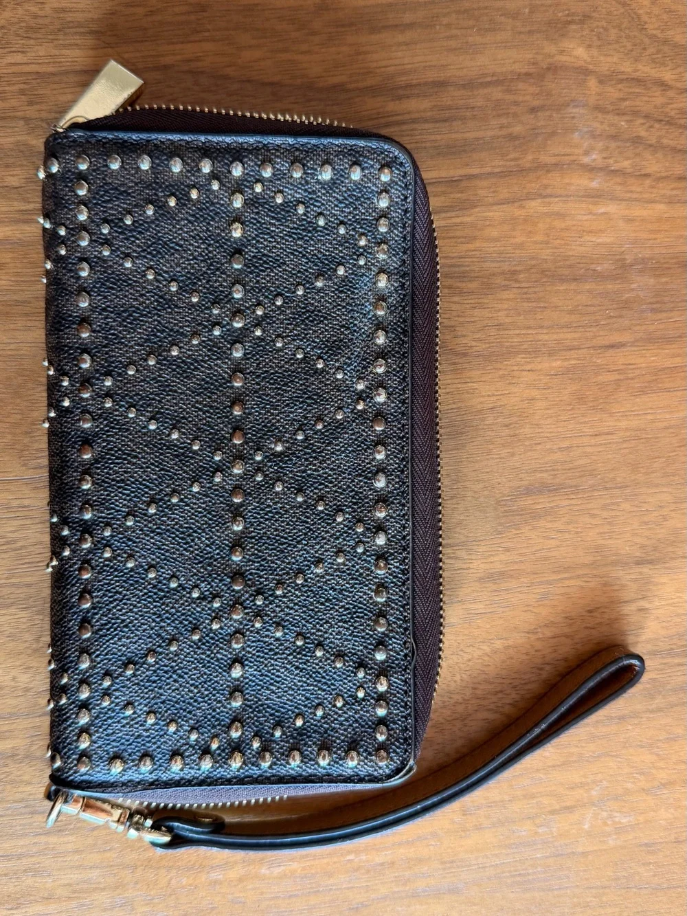 Michael Kors Black Studded Zip Wristlet with Gold Logo